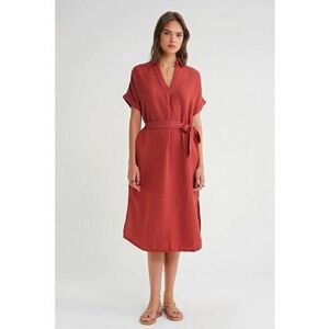 Rochie midi rosu caramiziu - cu maneca scurta - textil imagine
