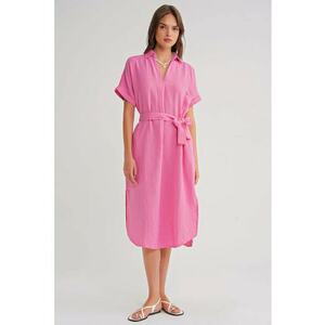 Rochie Midi - cu Maneca Scurta si Cordon - Roz Pudrat - Textil imagine