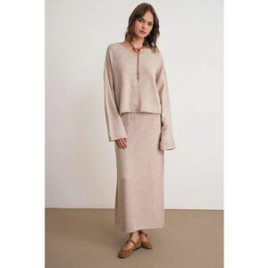 Set Pulover si Fusta Decolteu in V - Bej Natural - Tricot - Bej Natural imagine