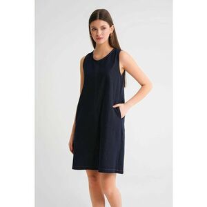 Rochie midi - bumbac - albastru marin - cu guler rotund - cu buzunare imagine