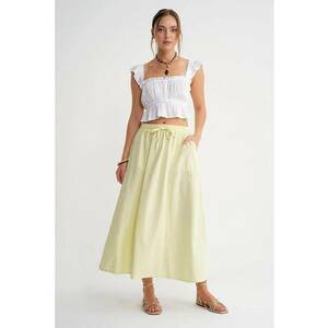 Fusta poplin - talie inalta - galben lamaie - textil imagine
