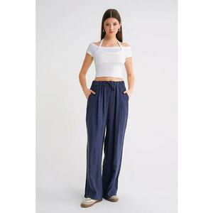 Pantaloni dama - Palazzo plisati - talie inalta - Albastru marin - Modal imagine