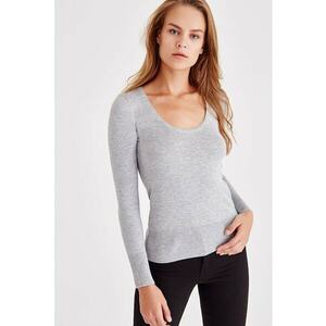 Pulover slim fit cu decolteu adanc - Gri deschis melange imagine
