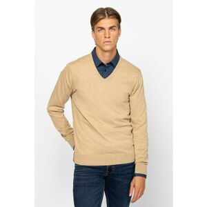 Pulover tricotat fin cu decolteu in V - Maro camel imagine