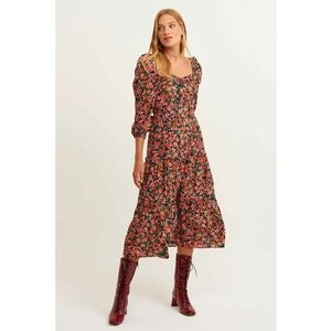 Rochie cu model floral si maneci bufante - Verde/Coral/Portocaliu mandarina imagine
