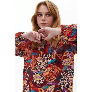 Rochie midi cu imprimeu floral - Maro cognac/Portocaliu/Albastru imagine