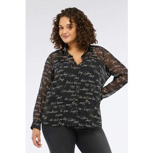 Camasa cu text si guler clasic - Negru/Maro camel imagine