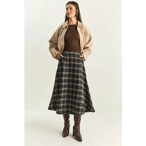 Fusta midi - talie inalta - textil - bej/negru imagine