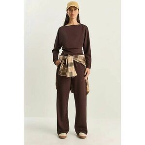 Costum dama - set din doua piese - guler asimetric - talie inalta - maro - tricotat - imagine
