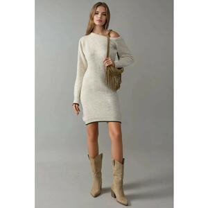 Rochie tricotata - guler asimetric - crem - imagine
