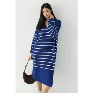 Rochie tricotata - midi - cu dungi - decolteu in V - bleumarin - tricot - imagine