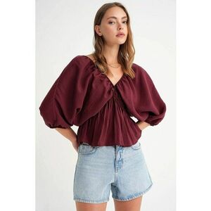 Bluza dama - cu decolteu in V si volane - rosu burgundi - textil - Visiniu imagine