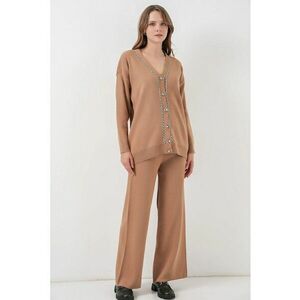 Set tricotat - cardigan cu decolteu in V - pantaloni largi - maro camel - tricot - imagine