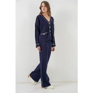 Compleu - 2 piese - Tricot - Decolteu in V - Bleumarin - imagine