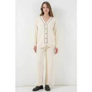 Set tricotat - cardigan cu decolteu in V - pantaloni cu picior larg - ecru - imagine