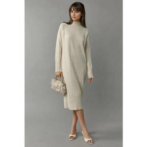 Rochie tricotata - lunga - crem - acrilic - imagine