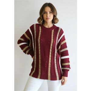 Pulover dama oversize - model ajurat - dungi verticale - rosu - tricot acril imagine