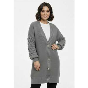 Cardigan lung - cu maneci tip bubble - gri - tricotaj acrilic imagine