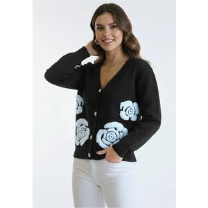 Cardigan negru - floral 3D - decolteu in V - maneci lungi - tricot cu acril imagine