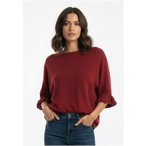 Pulover dama bordeaux - tricot moale - maneci 3/4 cu volane - croiala lejera imagine