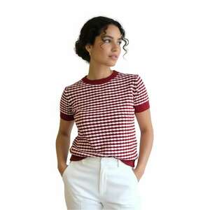 Pulover dama rosu - tricot - maneca scurta - model geometric - finisaje contrastante imagine