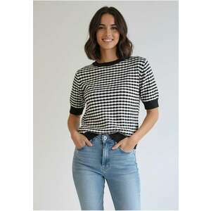 Pulover dama - negru - houndstooth ecru - maneca scurta - tricot imagine