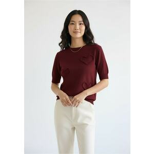 Pulover dama - bordeaux - maneca scurta - tricot moale cu aplicatii in forma de inimi imagine