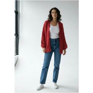 Cardigan dama - rosu - croiala lejera - maneci bufante - tricot moale imagine