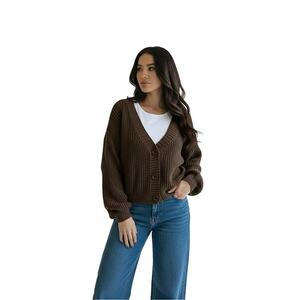 Cardigan dama - scurt - cu nasturi - decolteu in V - maneci lungi - maro - tricot acrilic imagine
