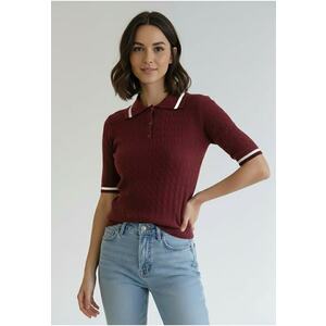 Pulover dama - bordeaux - tricot elastic - maneci scurte - accente albe imagine