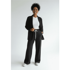 Set de trening negru - sacou lejer cu buzunare - pantaloni largi cu snur contrastant - tricot sintetic - imagine
