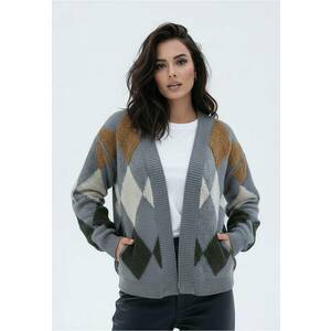 Cardigan gri - tricot sintetic - model cu romburi - croiala lejera - fara inchidere - set cu buzunare laterale imagine