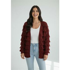 Cardigan bordeaux - tricot acrilic - croiala lejera - maneci lungi - franjuri decorative - set casual imagine