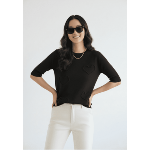 Pulover dama - negru - maneca scurta - aplicatii 3D imagine