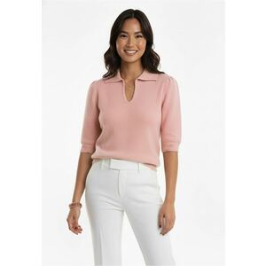 Pulover dama roz pastel - tricotaj moale - guler si decolteu in V - maneci scurte imagine