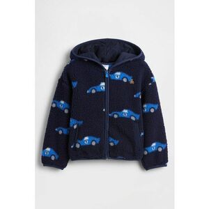 Hanorac din material teddy cu fermoar si model cu masini - Alb/Albastru royal/Bleumarin imagine