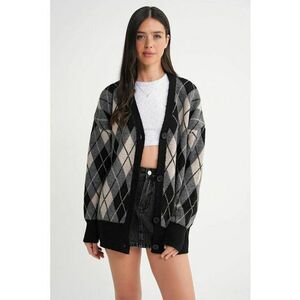 Cardigan - Oversize - model Argyle - decolteu in V - negru - tricot - imagine
