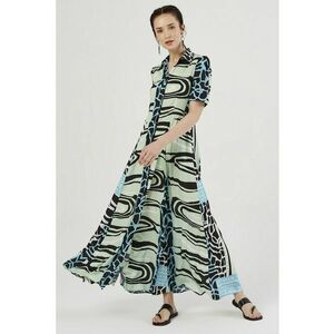 Rochie-camasa cu croiala evazata si buzunare - Negru/Verde pal/Albastru imagine