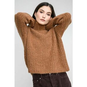Pulover din amestec de lana cu guler inalt si maneci cazute - Maro camel imagine