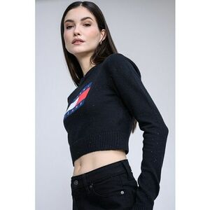 Pulover crop cu imprimeu logo - Negru imagine