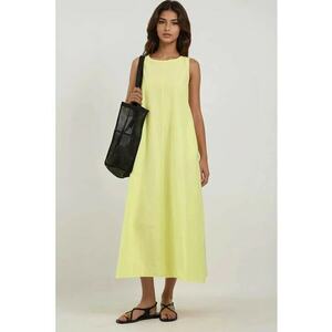Rochie maxi - dama - colectia Mixray - cu guler rotund - fara maneci - in forma de A - Galben lamaie - Galben lamaie imagine