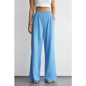 Pantaloni dama - largi din bumbac - talie inalta - Albastru imagine