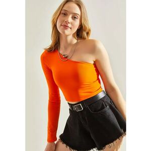 Bluza dama - guler asimetric - portocaliu aprins - jerseu - Portocaliu imagine