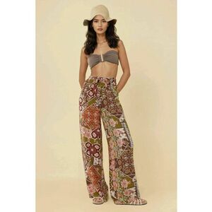 Pantaloni dama - cu imprimeu - talie elastica - bumbac - Maro imagine