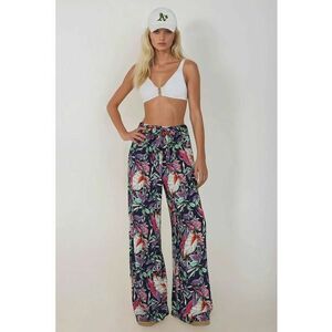 Pantaloni dama - cu imprimeu - talie elastica - bumbac - Multicolor imagine