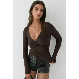 Bluza dama - top cu maneca lunga - decolteu in V - maro inchis - jerseu - Maro inchis imagine