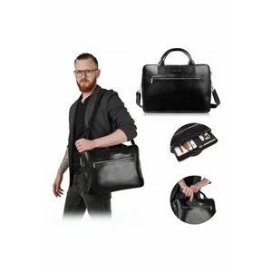Geanta barbateasca din piele - brødrene - r05 - 15 -6 inci - spatiu pentru laptop - 3 buzunare - curea de umar reglabila - picioare metalice - neagra - material: piele naturala - finisaj elegant - producator polonez - manere solide - capacitate imagine