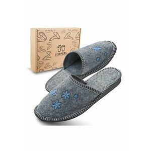 Papuci de dama - din fetru gri cu flori albastre - confortabili - in cutie ecologica - - Gri imagine
