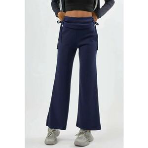 Pantaloni dama - cu talie inalta - detalii volane - bleumarin - textil - Albastru marin imagine