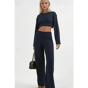 Pantaloni dama drepti - talie inalta - albastru marin - textil - Albastru marin imagine